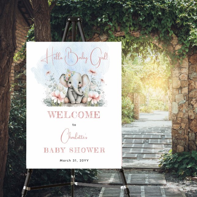 Baby Elephant Hello Baby Girl Floral Baby Shower Foam Board (Creator Uploaded)
