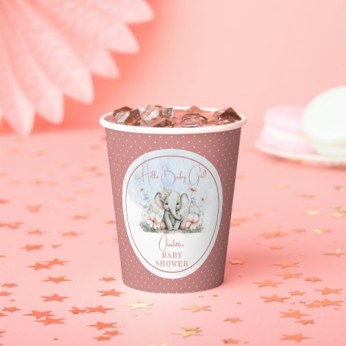 Baby Elephant Hello Baby Girl Floral Baby Shower Paper Cups