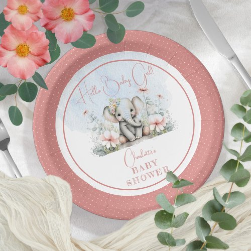 Baby Elephant Hello Baby Girl Floral Baby Shower Paper Plates