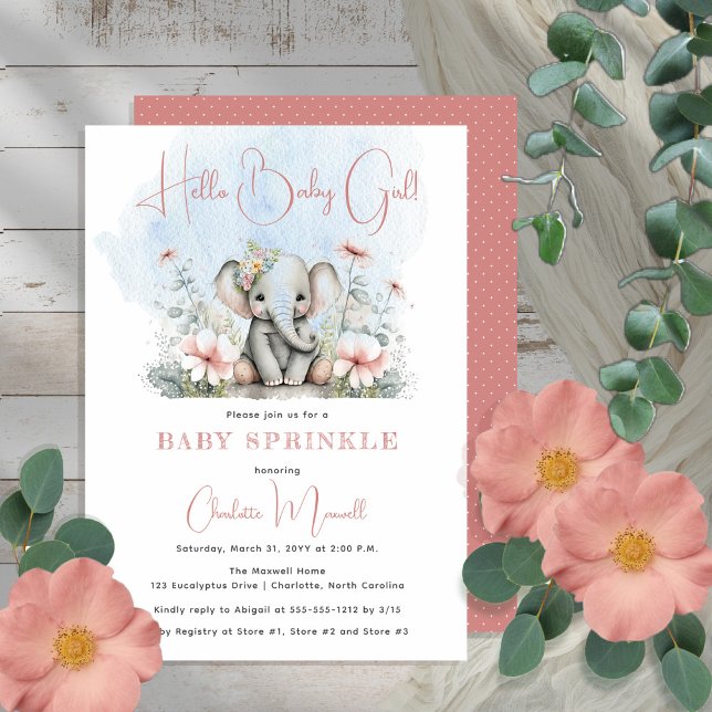 Baby Elephant Hello Baby Girl Floral Baby Sprinkle Invitation (Creator Uploaded)