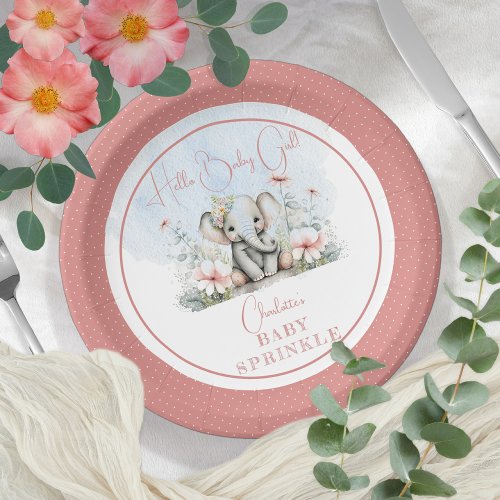 Baby Elephant Hello Baby Girl Floral Baby Sprinkle Paper Plates