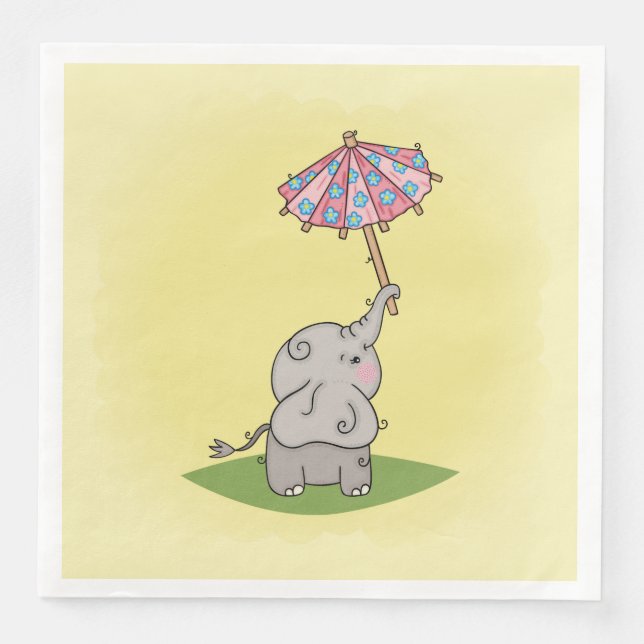 Baby elephant holding a small umbrella paper dinner napkins (Front)