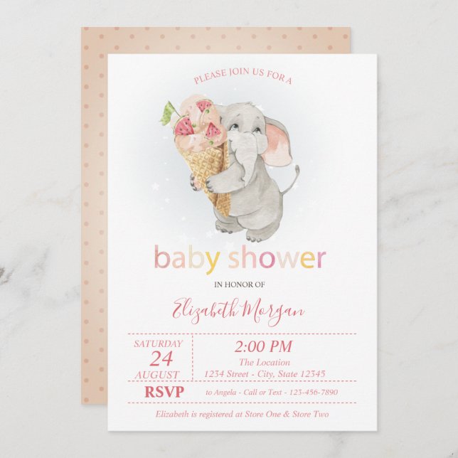 Baby Elephant Ice cream Polka Dots Baby Shower Invitation (Front/Back)