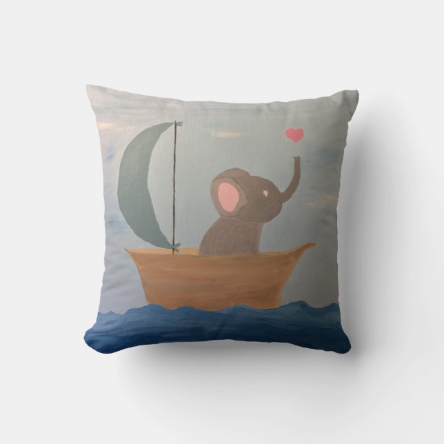 Baby Elephant in a Boat Throw Pillow (Front)