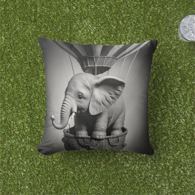 Baby Elephant in a Hot Air Balloon Outdoor Pillow (Grass)