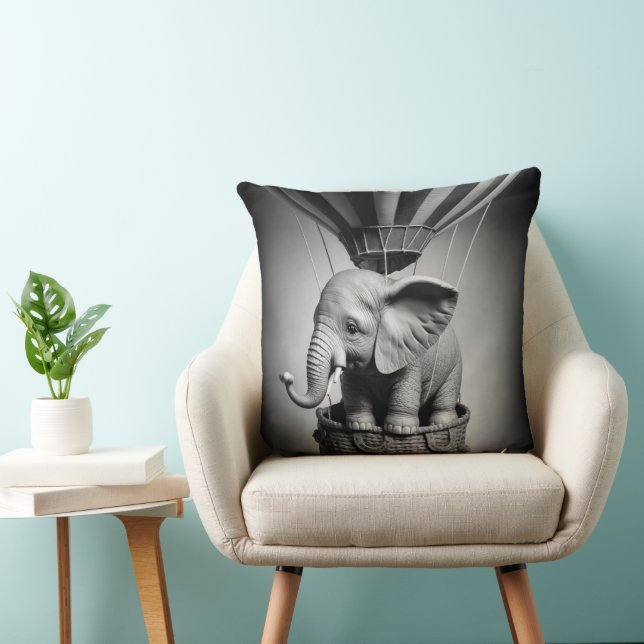 Baby Elephant in a Hot Air Balloon Throw Pillow (Chair)