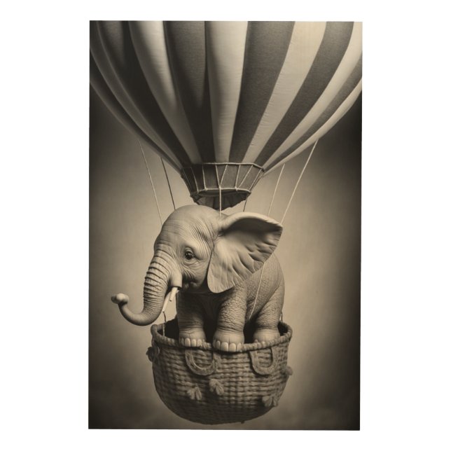 Baby Elephant in a Hot Air Balloon Wood Wall Art (Front)