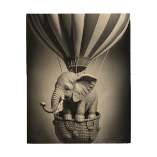 Baby Elephant in a Hot Air Balloon Wood Wall Art