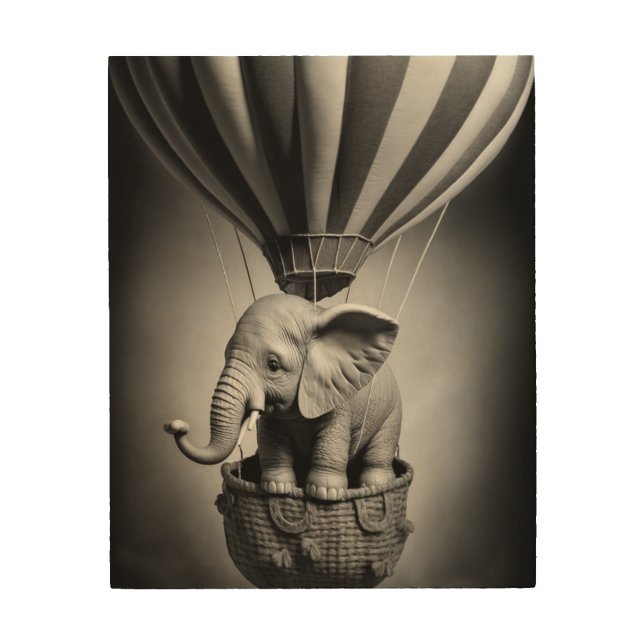 Baby Elephant in a Hot Air Balloon Wood Wall Art (Front)
