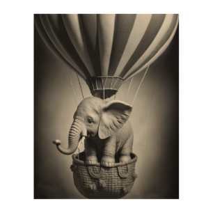 Baby Elephant in a Hot Air Balloon Wood Wall Art