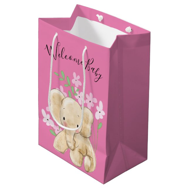 Baby Elephant In Flowers Medium Gift Bag (Front Angled)