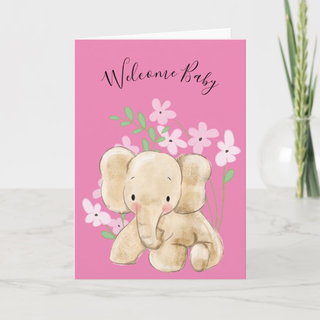 Baby Elephant In Flowers Newborn Card (Front)