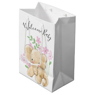 Baby Elephant In Flowers on White Medium Gift Bag