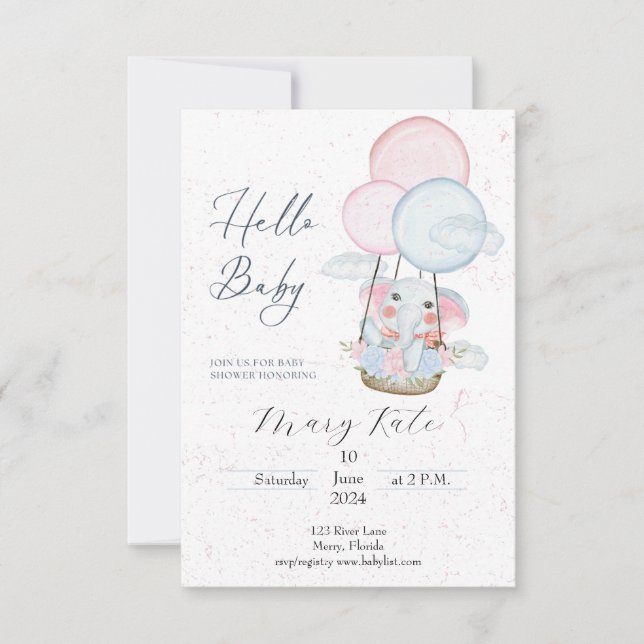 Baby Elephant in Hot Air Balloon baby shower Invitation (Front)