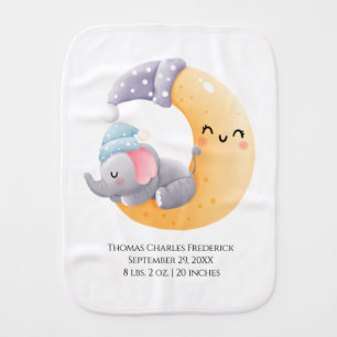Baby Elephant in Moon Personalized Birth Stats Baby Burp Cloth