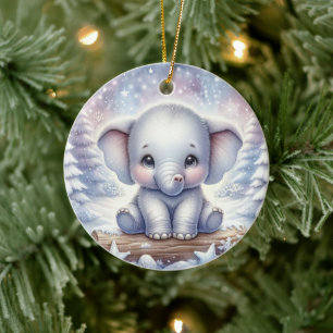 Baby Elephant in Winter Glow Ceramic Ornament