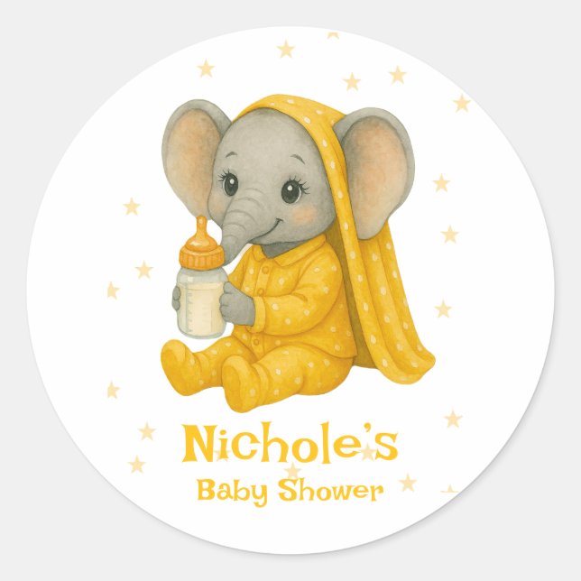 Baby Elephant in Yellow Pajamas Baby Shower Classic Round Sticker (Front)