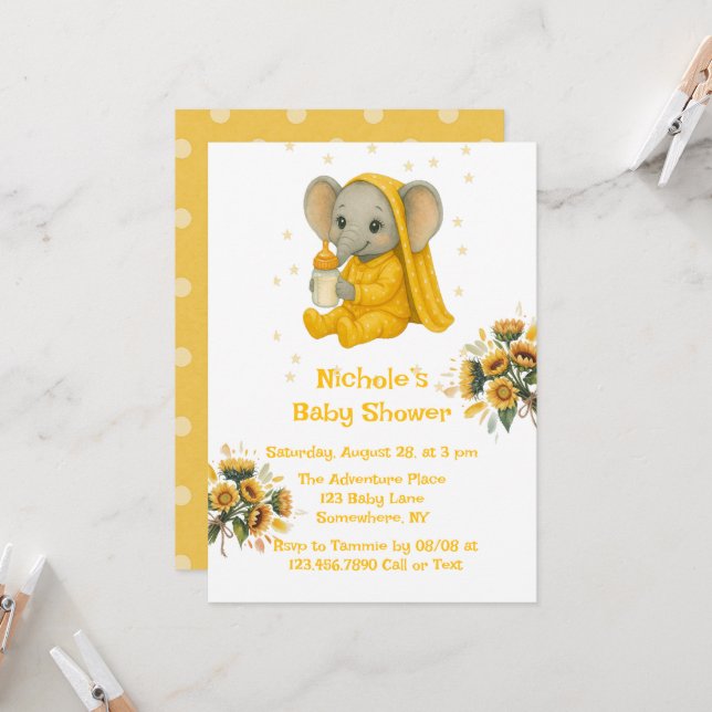 Baby Elephant in Yellow Pajamas Baby Shower Invitation (Front/Back In Situ)
