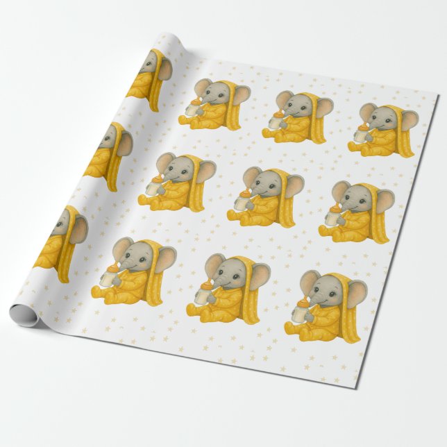 Baby Elephant in Yellow Pajamas Baby Shower Wrapping Paper (Unrolled)