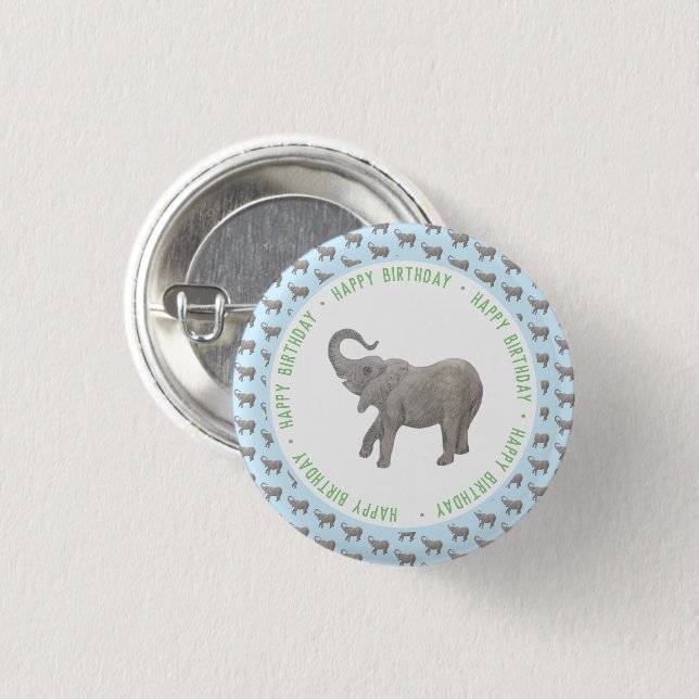 Baby Elephant Light Blue Birthday Button (Front & Back)