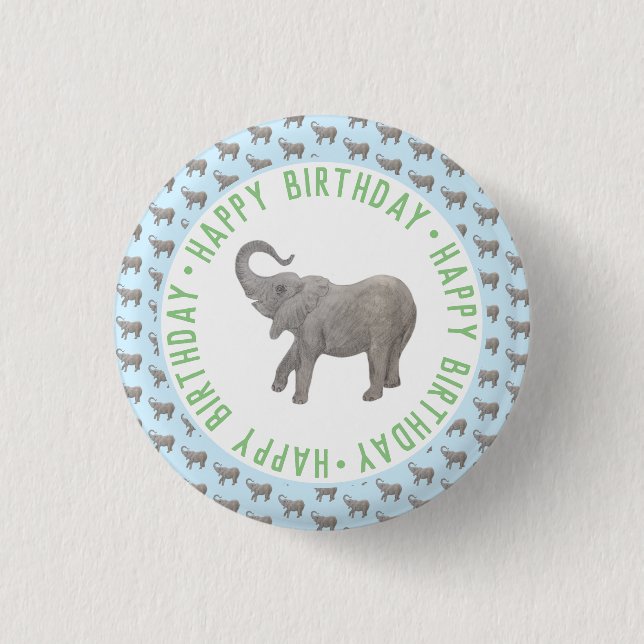 Baby Elephant Light Blue Birthday Button (Front)
