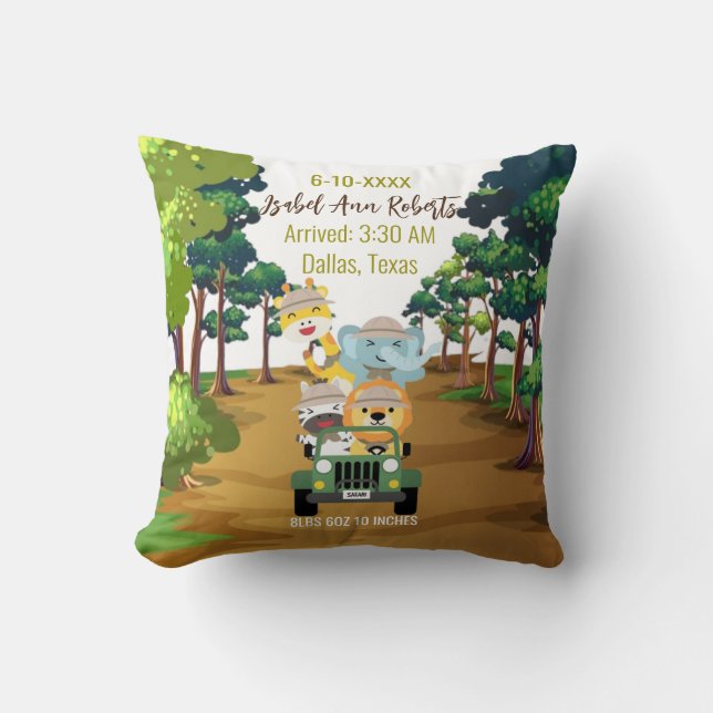 Baby Elephant Lion Jungle Zebra Giraffe Safari Throw Pillow (Front)