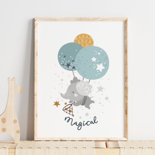 Baby Elephant Magical Balloons Poster  Wall Print