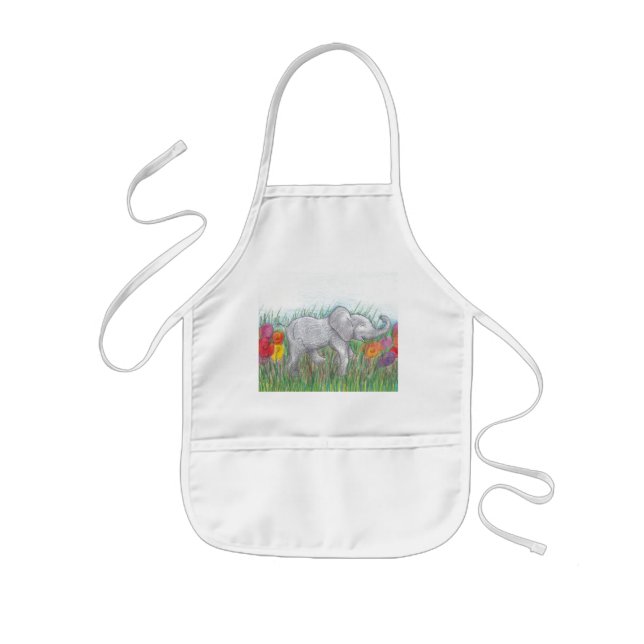 Baby elephant marching in flowers cartoon drawing kids' apron (Front)