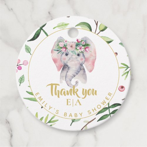 Baby Elephant Monogram Pink Floral Thank You Favor Favor Tags
