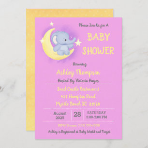 Baby Elephant Moon and Stars Baby Shower Invitation