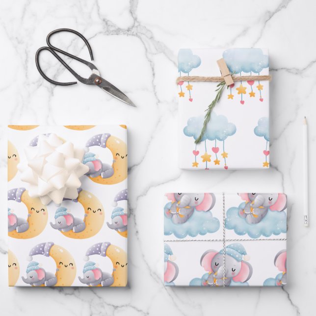 Baby Elephant Moon Cloud Stars Hearts Cute Wrapping Paper Sheets (Front)