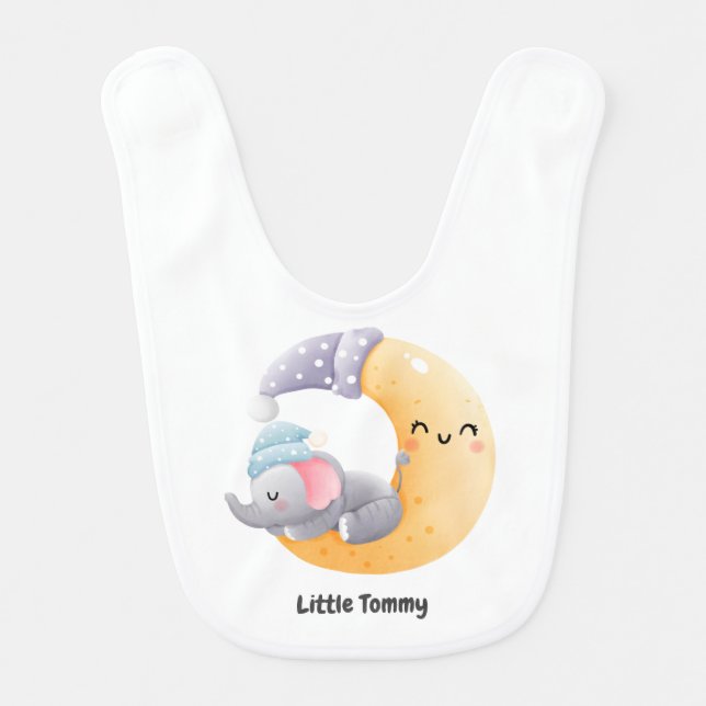 Baby Elephant Moon Personalized Birth Stats Baby Bib (Front)