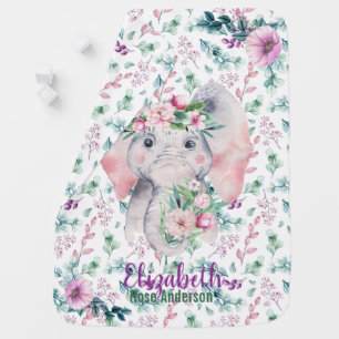 Baby Elephant Named Purple Green Floral Swaddle Blanket