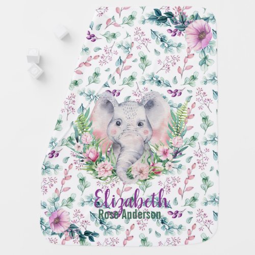 Baby Elephant Named Purple Mint Floral Swaddle Baby Blanket