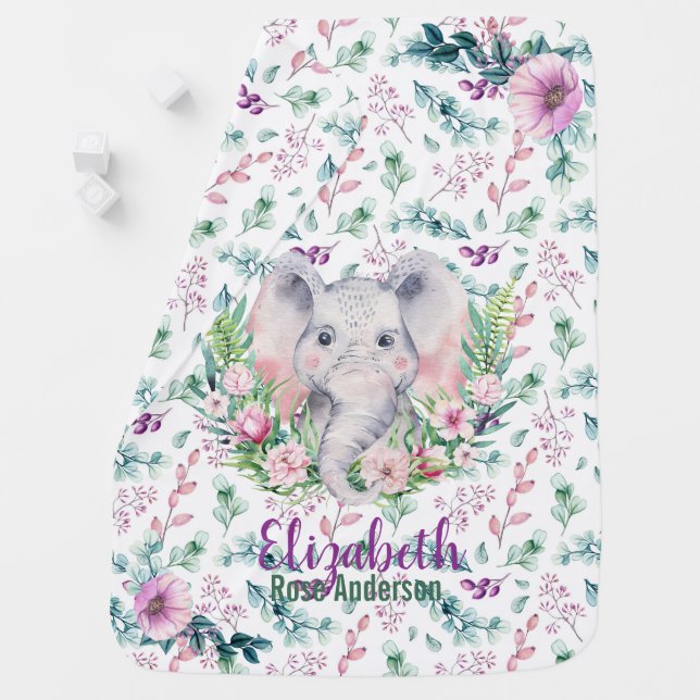 Baby Elephant Named Purple Mint Floral Swaddle Baby Blanket (In Situ)