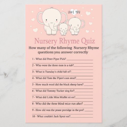 Baby Elephant Nursery Rhyme Quiz baby shower game