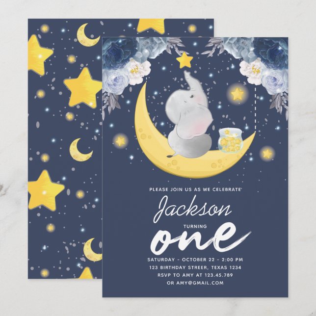 Baby Elephant on Moon First Birthday Invitation (Front/Back)