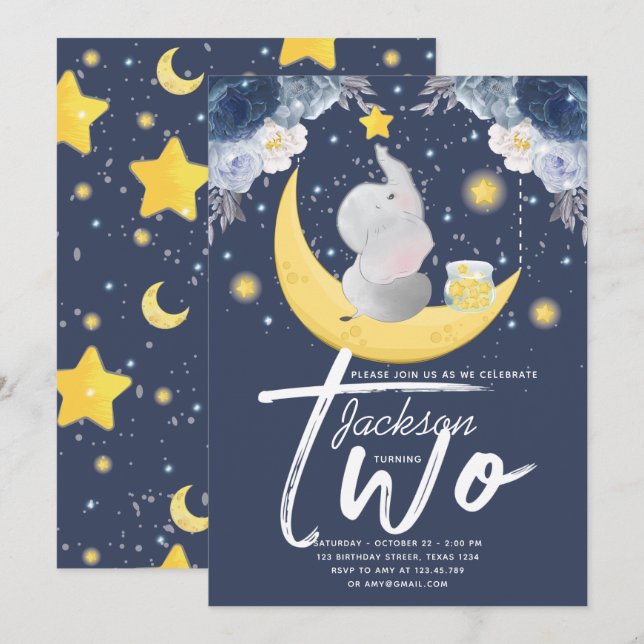 Baby Elephant on Moon Second Birthday Invitation (Front/Back)