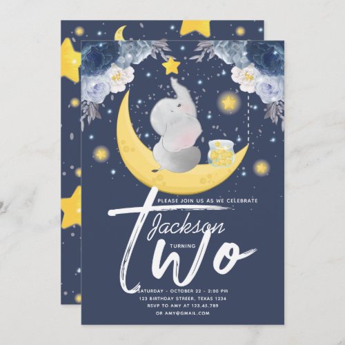 Baby Elephant on Moon Second Birthday Invitation