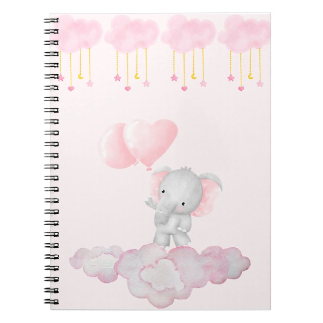 Baby Elephant on Pink Clouds – Soft Pastel Nursery Notebook (Front)