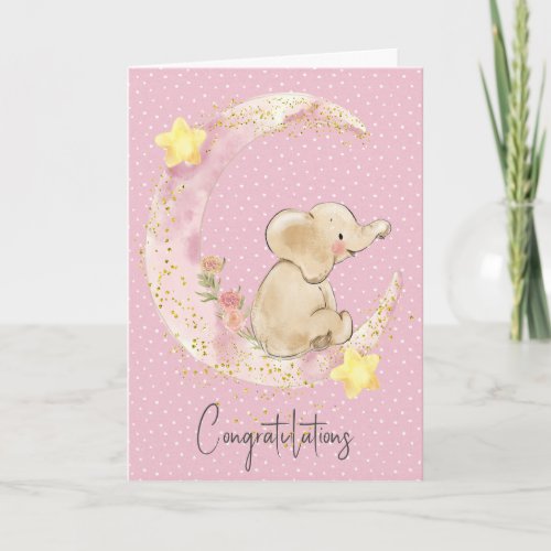 Baby Elephant On Pink Moon  Card