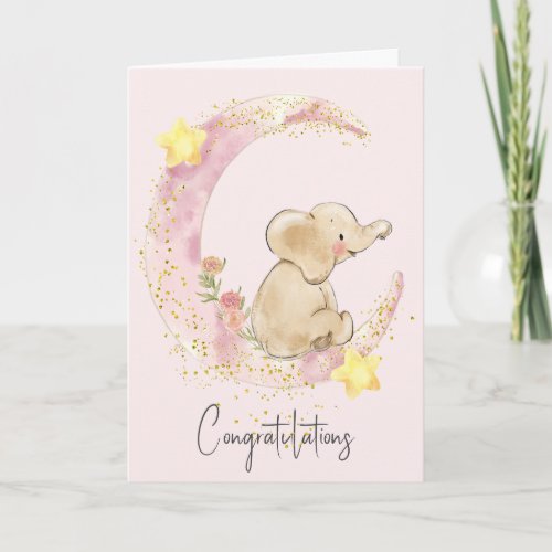 Baby Elephant On Pink Moon Card