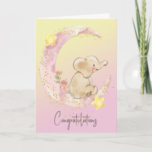 Baby Elephant On Pink Moon Card