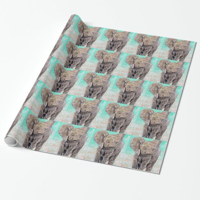 Baby Elephant Painting Wrapping Paper (Unrolled)