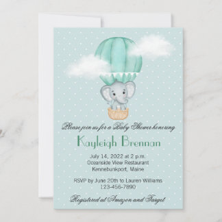 Baby Elephant Pale Green Hot Air Balloon   Invitat Invitation