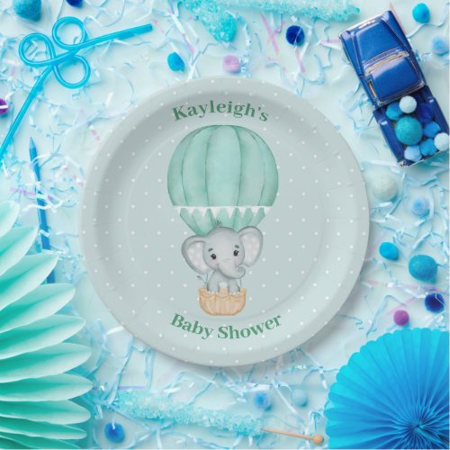 Baby Elephant Pale Green Hot Air Balloon Shower  P Paper Plates