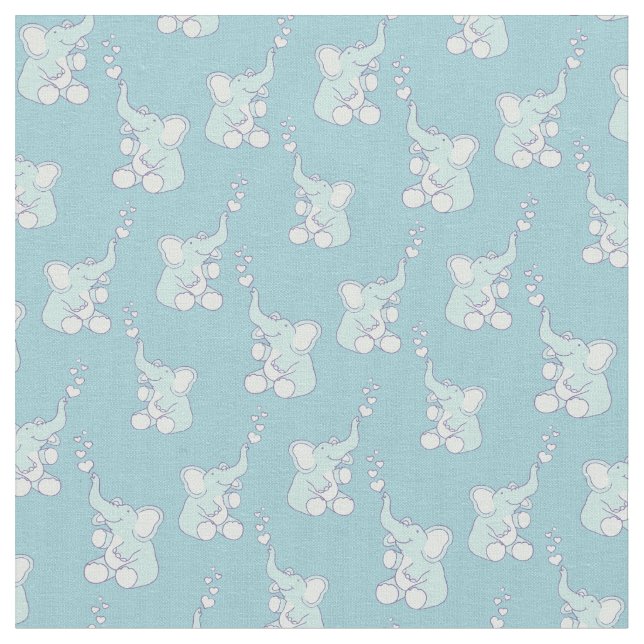 Baby elephant pattern blue nursery fabric (Close Up)