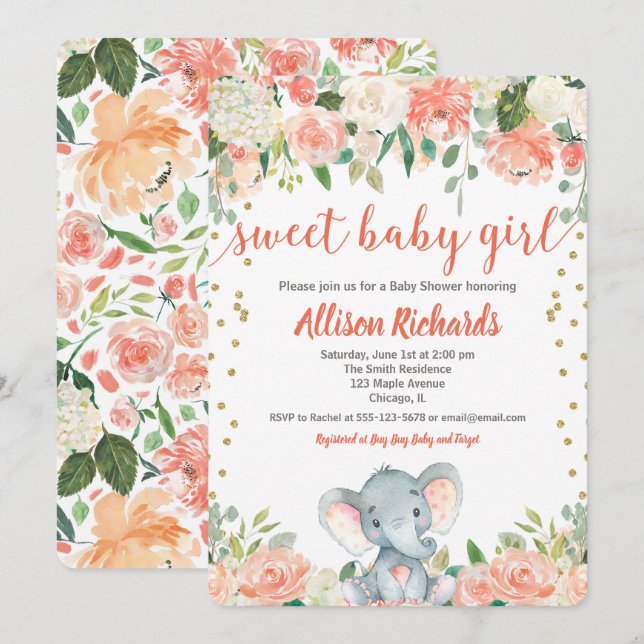 Baby Elephant peach cream girl shower invitation (Front/Back)