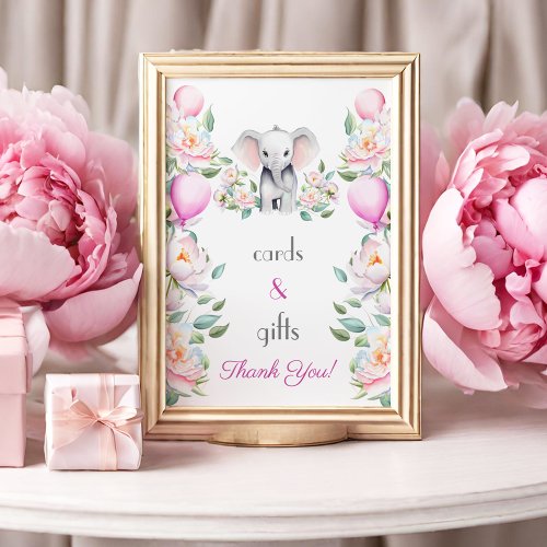 Baby Elephant Peonies Balloons Cards  Gifts Poster