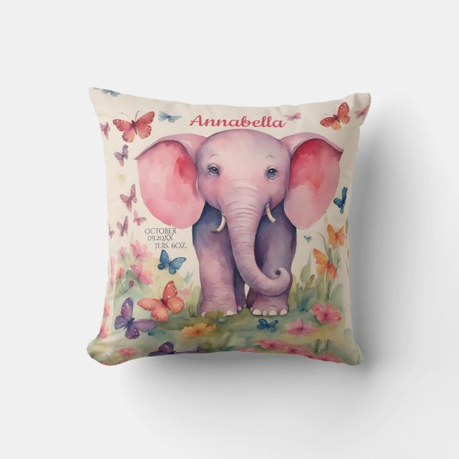 Baby Elephant Personalized Birth Date Throw Pillow (Front)